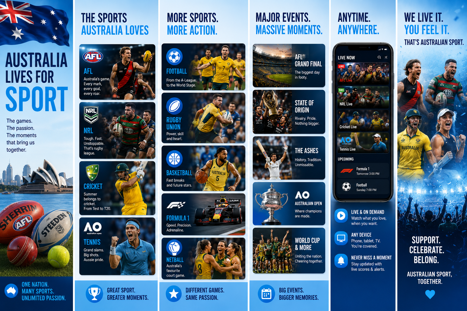 Sports streaming Australia guide featuring AFL, NRL, cricket, football, rugby union, basketball, Formula 1, netball and tennis